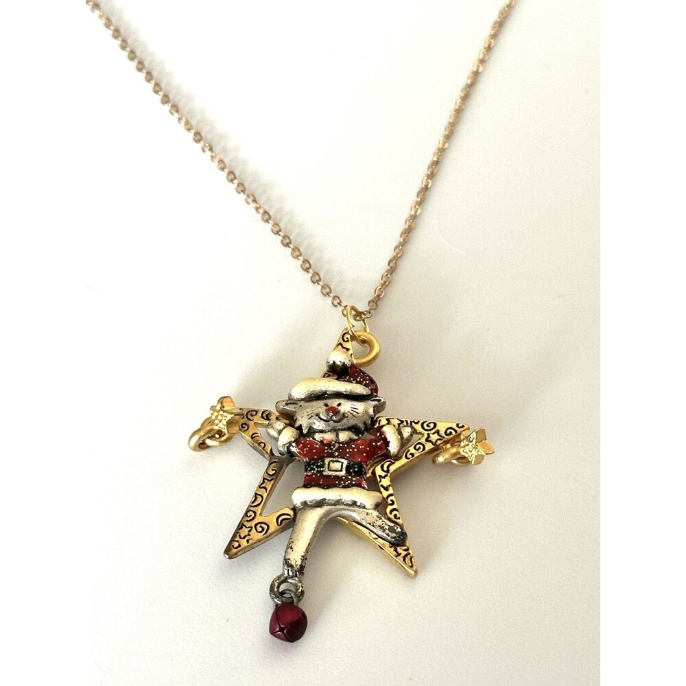 Vintage AJMO Christmas Cat Santa Star Enamel Pendant Necklace Gold Tone